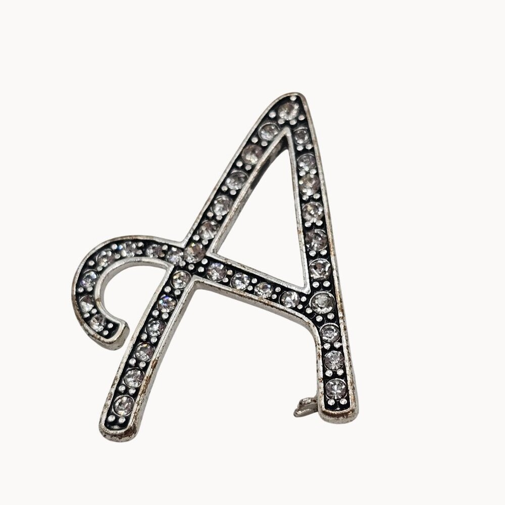 VTG Brooch Script Initial Letter " A " Capital Silver Tone‎ Rhinestone Gift Pin